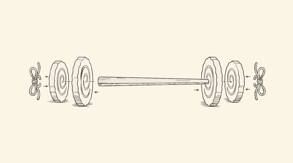FIG. 1 — patent-style diagram of a barbell with naruto-swirl plates and a chopstick bar