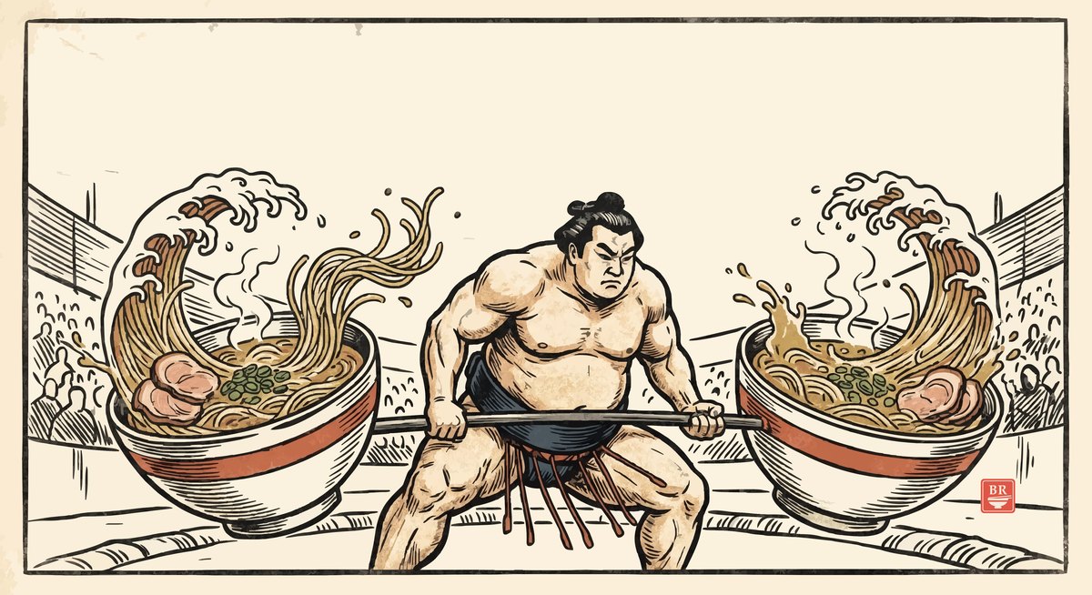 The Great Lift — a sumo deadlifts a barbell loaded with two brimming ramen bowls