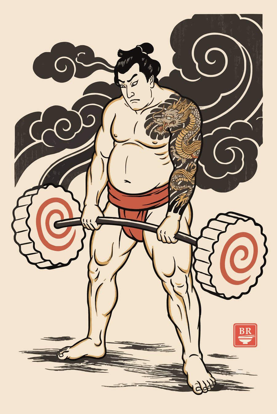 Heavy Single — a woodblock strongman mid-deadlift, naruto-swirl plates bending the bar
