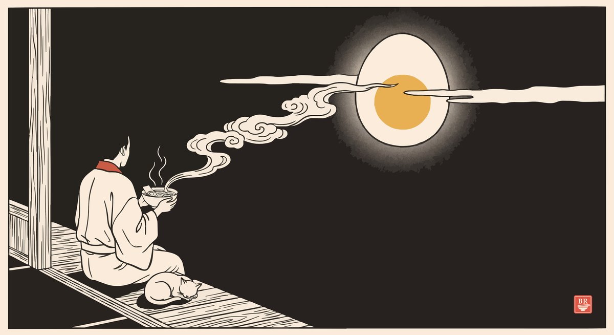Tsukimi at 11PM — a robed figure watches a full moon that is definitely also a soft-boiled egg